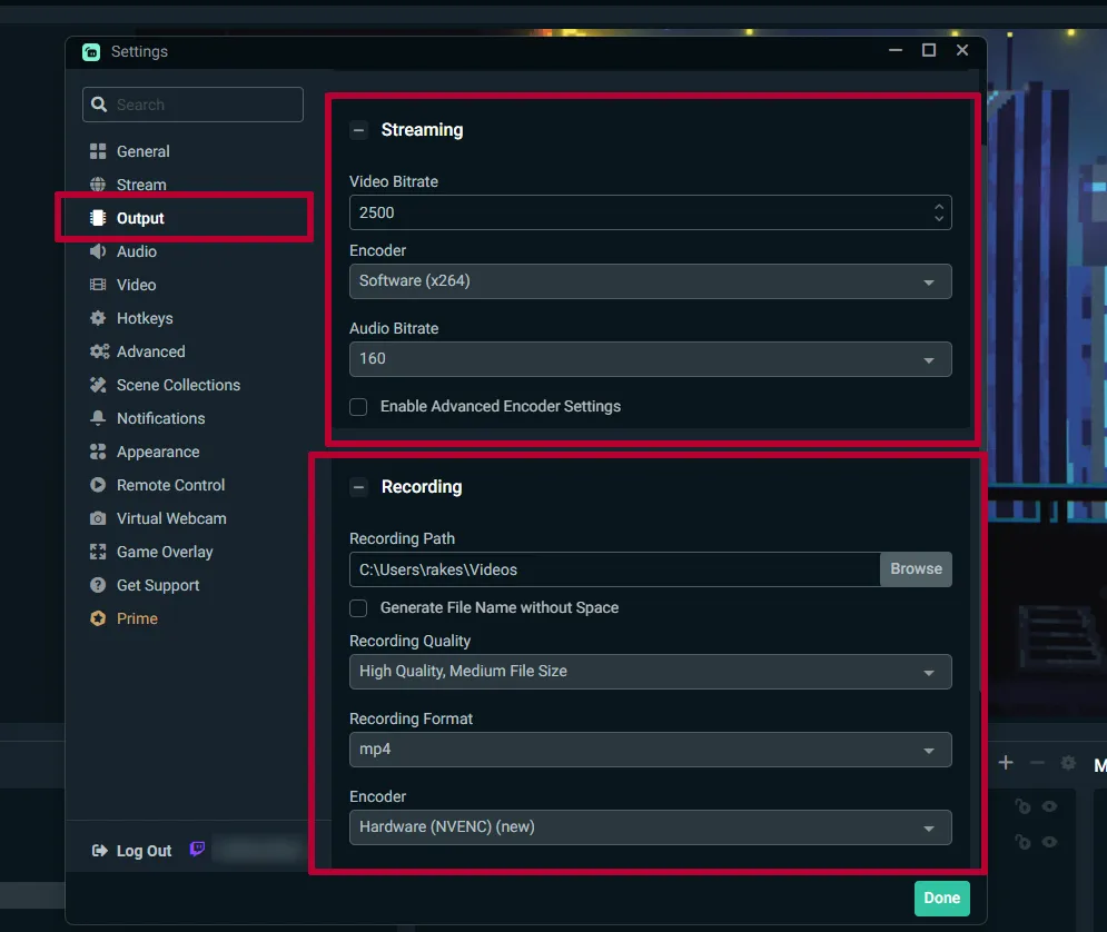 Stream and Recording Settings in Streamlabs OBS